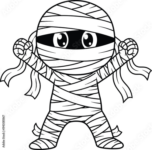 Cute cartoon mummy character wrapped in bandages spooky Halloween monster mascot outline illustration for coloring page