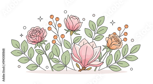A vibrant floral arrangement featuring various flowers and leaves in a modern, hand-drawn style