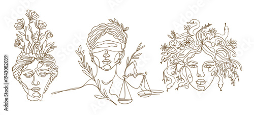 Greek Goddess Antique Mythology Ole Line Demeter Themis Medusa Vector Set Line Art