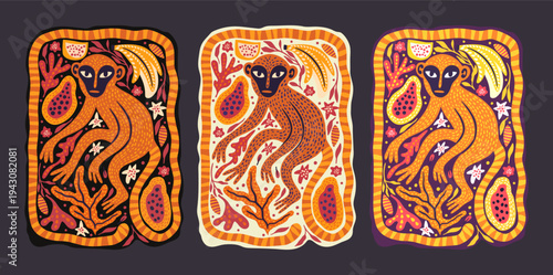 Whimsical Monkey Exotic Vintage Tropical Jungle Poster Set Wild Boho Wall Art Collection
