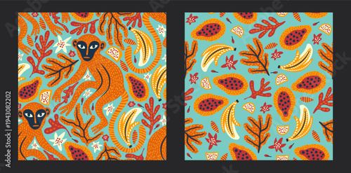 Whimsical Monkey Exotic Vintage Seamless Pattern Background Set Tropical Jungle Wild Boho Vector Collection