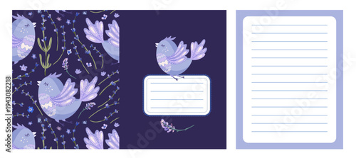 Cute Bird Lavender Notebook Cover Set With Seamless Pattern And Blank Lined Page