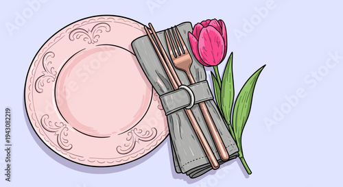 A beautifully arranged table setting featuring a decorative plate, cutlery, and a vibrant tulip, in a modern style
