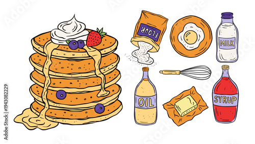 Pancake Breakfast Vector Set In Sketch Retro Doodle Style Cartoon Food Illustration