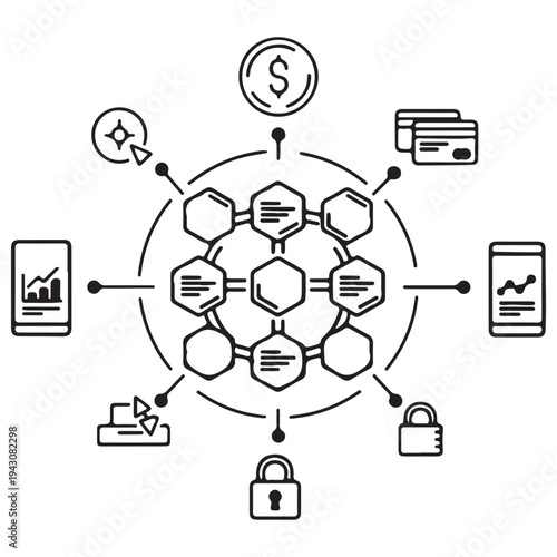 Clean Line Art Diagram of Blockchain Network with Connected Financial and Security Icons