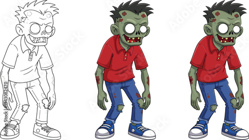 Cartoon zombie character set with outline and colored versions spooky Halloween undead boy illustration for game, comic and design