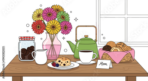 A cozy table setting with flowers, cookies, and treats, illustrated in a cheerful, flat style, perfect for home decor