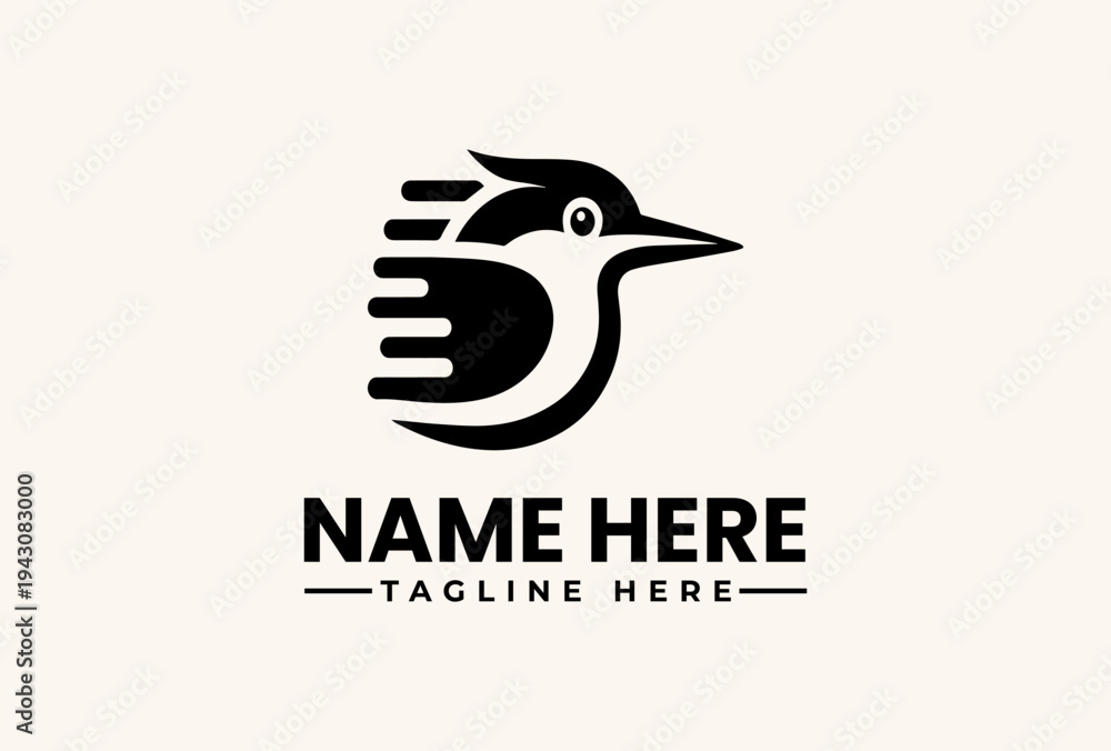 Obraz premium A stylized black and white illustration of a bird's head with a hand forming the body, set against a clean background with placeholder text for a logo or pictogram.