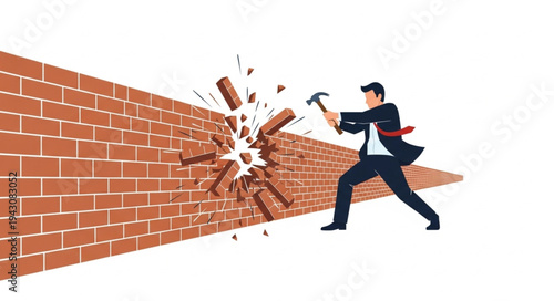 Man Breaking Brick Wall with Hammer.