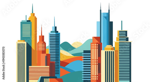 Colorful urban skyline illustration with modern skyscrapers and hills