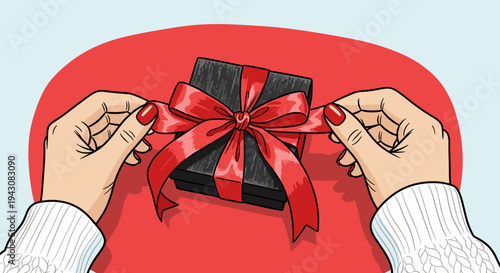 A person wrapping a black gift box with a red ribbon, illustrated in a modern, flat style, perfect for holiday themes