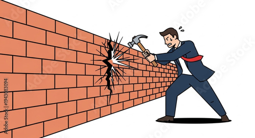 Man Breaking Brick Wall with Hammer.