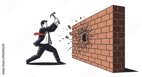 Man Breaking Brick Wall with Hammer.