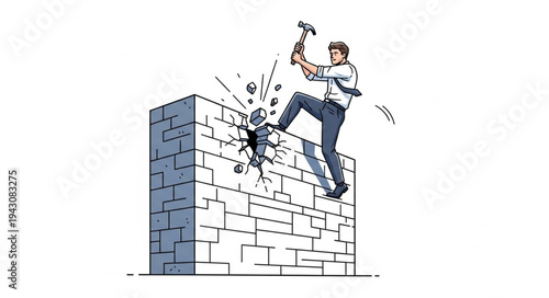 Man Breaking Brick Wall with Hammer.