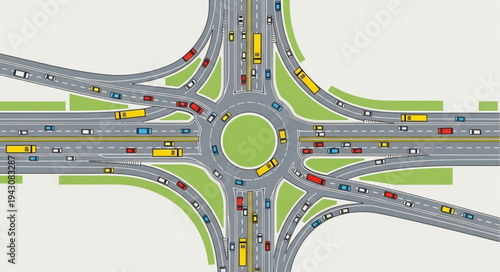 Aerial View of a Busy Traffic Roundabout Intersection.