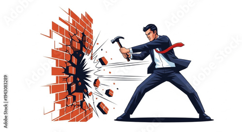Man Breaking Brick Wall with Hammer.
