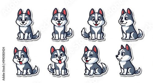Charming Husky Puppy Stickers - A Collection of Adorable Canine Illustrations.
