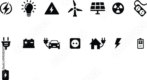 Electricity icon set. Collection of green energy icons. Icons for renewable energy, green technology. Flat style icon. Environmental sustainability simple symbol - stock vector. See Less. isolated on 