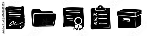 Hand-drawn set of black office and document icons featuring a signed contract, file folder, certificate, checklist clipboard, and archive box. Minimalist doodle style for business organization.