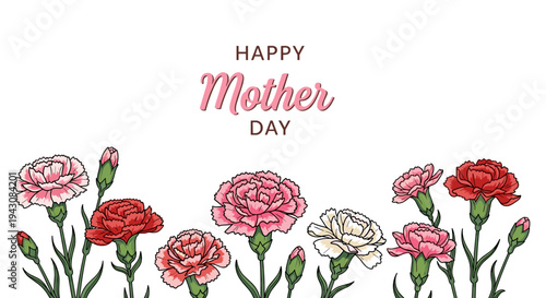 A beautiful arrangement of colorful carnations with a 'Happy Mother Day' message in a modern, illustrative style