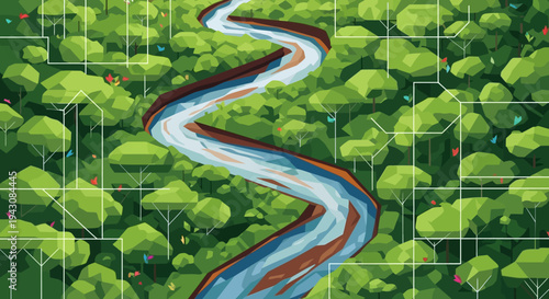 Aerial view of a flowing river through a lush green forest environment