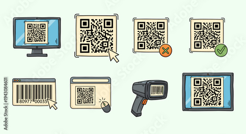 A collection of QR codes, barcodes, and scanning devices in a modern, flat design style for technology applications
