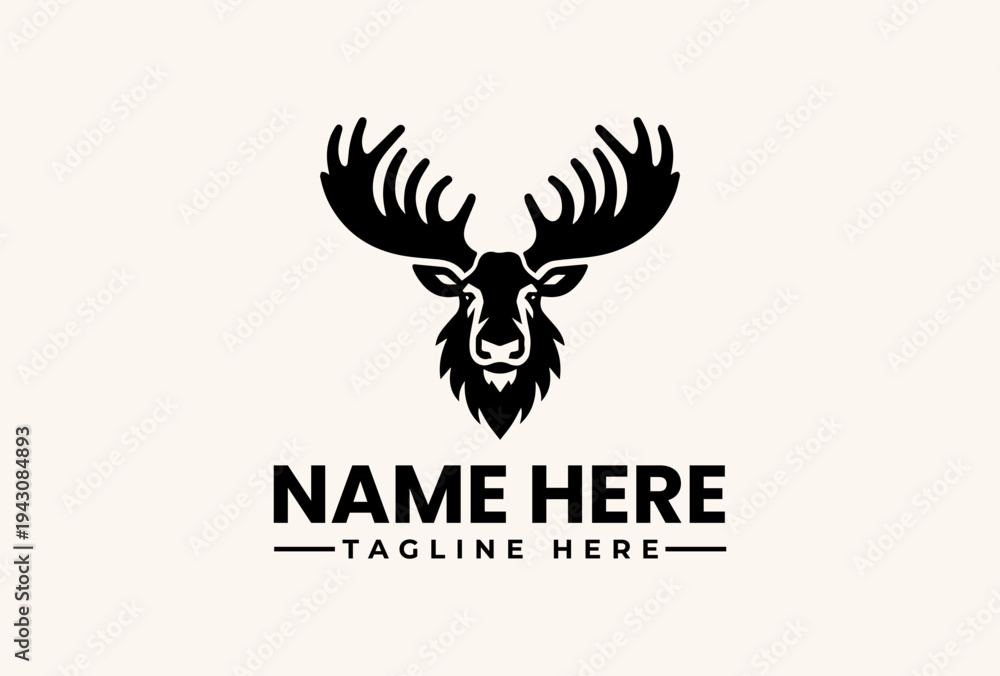 Fototapeta premium A black vector illustration of a deer head with large antlers and a placeholder text for a logo or pictogram on a beige background.