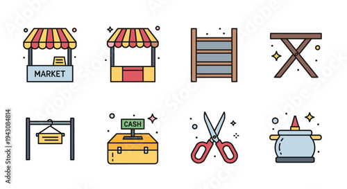 A collection of colorful market-related icons featuring stalls, cash boxes, scissors, and tables in a modern flat style