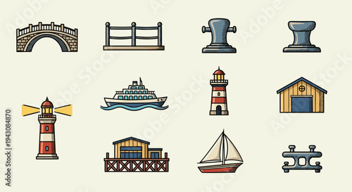 A collection of nautical-themed icons including a lighthouse, bridge, and sailboat, presented in a colorful flat style