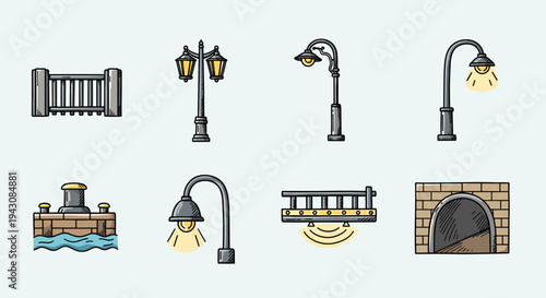 A collection of decorative street elements including lamps, a fence, and a bridge in a colorful, modern style
