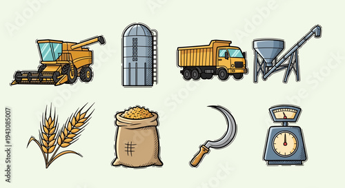 A collection of agricultural icons featuring a combine harvester, truck, silo, scale, and wheat, in a colorful, modern style