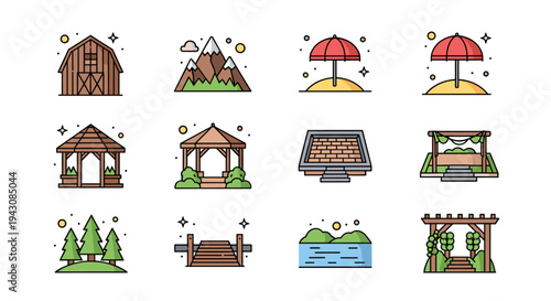 A collection of outdoor-themed icons featuring cabins, mountains, umbrellas, and gazebos in a modern flat style