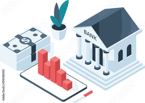 Banking finance concept, digital financial growth, mobile banking analytics, investment strategy, money savings stack, fintech economy chart illustration