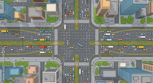 Aerial View of a Busy City Intersection with Cars and Buildings.