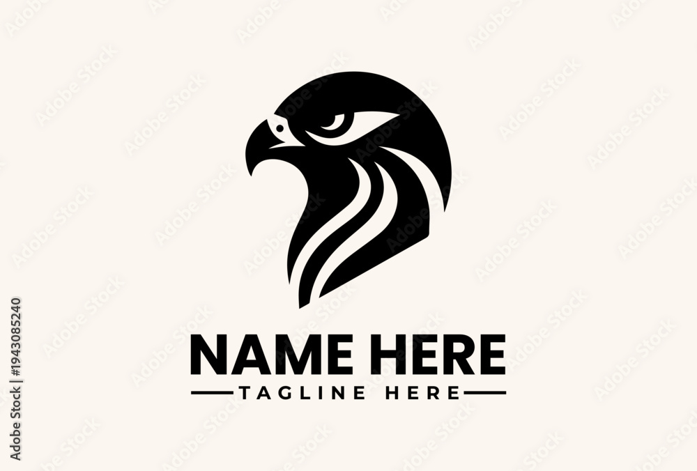 Fototapeta premium A black and white vector illustration of a hawk's head logo with placeholder text on a clean background, featuring a stylized icon design.