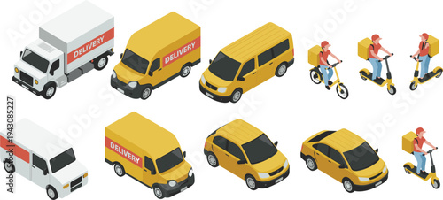 Delivery vehicle collection, courier transportation fleet, delivery van truck car scooter bicycle set, logistics shipping service, urban parcel transport illustration