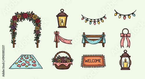 A collection of wedding-themed illustrations featuring floral arches, lanterns, and decorative elements in a whimsical style