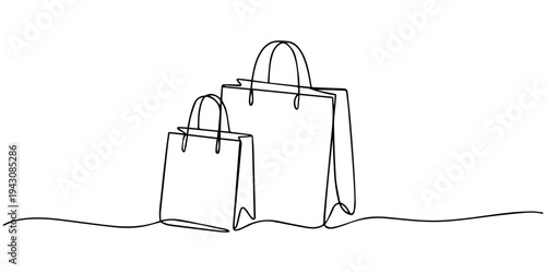Shopping Bag Line Art: A continuous line art showcases two shopping bags, symbolizing the essence of retail and purchase. The simple yet elegant design evokes the spirit of consumerism and trade.