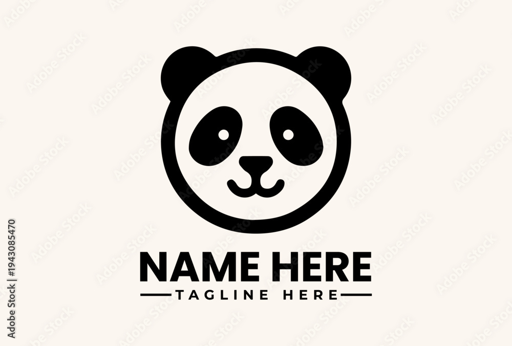Fototapeta premium A minimalist vector illustration of a panda logo with a customizable name and tagline on a plain beige background, featuring a simple icon design.