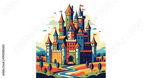 Colorful castle illustration fantasy art fairy tale landscape isolated