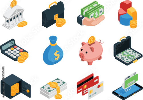 Finance banking money management isometric icons set, savings investment payment cash budget accounting fintech business financial technology concept illustration