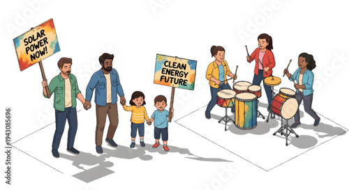 Diverse group of people protesting for a clean future with a drummer