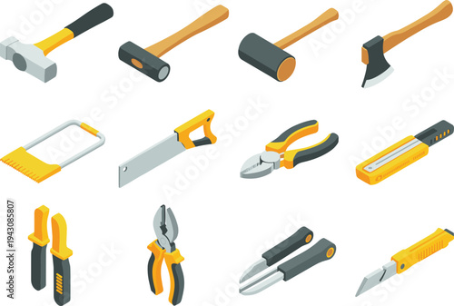 Hand tools collection illustration, hammer, mallet, axe, saw, pliers, cutter knife, carpentry equipment, DIY repair toolkit, construction tools set