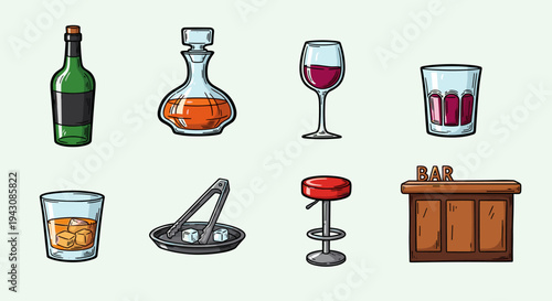 A colorful collection of various alcoholic beverages and bar accessories illustrated in a playful, cartoon style