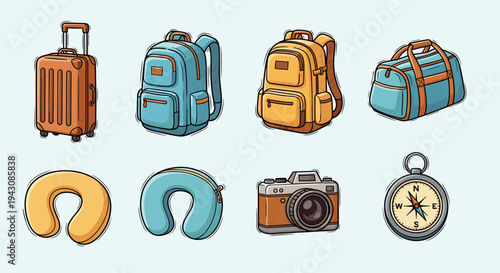 A collection of travel accessories including bags, a camera, and a compass in a colorful, flat design style