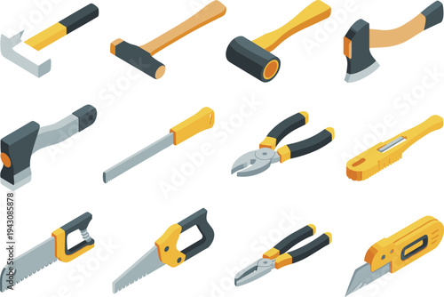 Hand tools collection illustration, hammer, mallet, axe, saw, pliers, cutter knife, carpentry toolkit, construction equipment, DIY repair tools