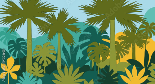 Vibrant illustration of tropical plants and trees in a stylized forest scene