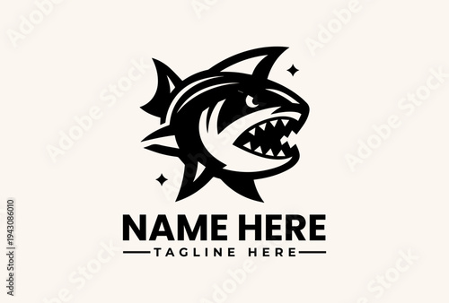 A black and white vector illustration of a shark icon with sharp teeth and fins, surrounded by small stars, on a beige background with space for a name and tagline.