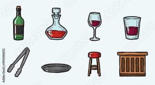 A collection of various drinkware and accessories, featuring bottles, glasses, and a decanter in a hand-drawn style
