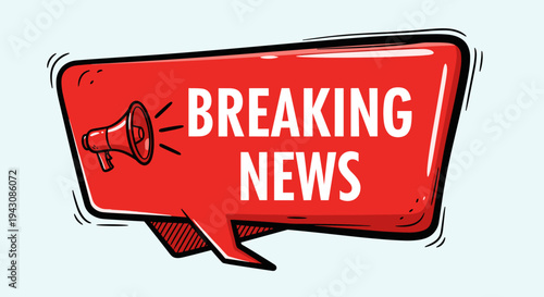 A vibrant red speech bubble featuring a megaphone and bold text stating 'Breaking News' in a modern, flat style